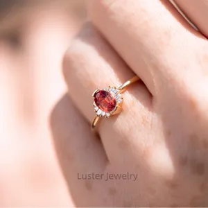 Luster Cluster 10K 14K 18K Gold Moissanite and 5x7mm Lab Created Oval Padparadscha Sapphire Engagement Ring for Women