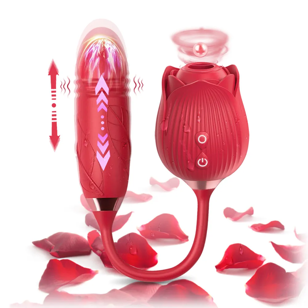 Factory Wholesale 2 in 1 Rose Flower Sucking Thrusting Dildo Rose Vibrator Sex Toys For Adult Women Clit Vacuum Stimulator