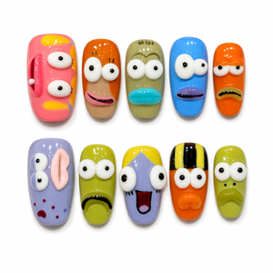 Faux ongles à presser avec motifs de personnages de dessins animés, ensemble de faux ongles 3D en relief aux couleurs vives, nouveauté pour femmes - Product Image 1