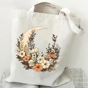 Bolsos de compras florales con diseño de luna para mujer, bolsos de lona de gran capacidad, estilo casual para estudiantes, bolso de hombro con diseño de plantas, bolsos de mano con diseño de flores silvestres para mujer - Product Image 2