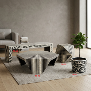 Mesa de Centro Moderna con Tapa de Resina y Incrustaciones de Hueso, Estructura Metálica, Mueble para el Hogar, Construcción Resistente, Garantía de 3 Años - Product Image 1