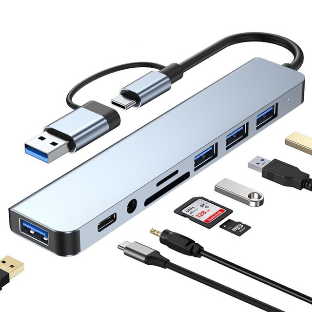 8 Port Dual USB-C Hub Docking Station for Laptop/Tablet/Phone 4K Video Output Fast Charging Memory Card Slots
