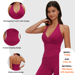 Débardeur de yoga et de fitness pour femme Sevy, style mode, à col halter, décolleté en V profond superposé, dos ajouré, effet amincissant à la taille, avec coussinets de poitrine amovibles - Product Image 2