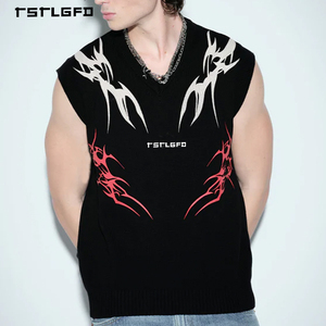<span class=keywords><strong>Gilet</strong></span> da Uomo <span class=keywords><strong>Nero</strong></span> Personalizzato Senza Maniche Stile Y2K Streetwear in Maglia con Ampia Stampa Tribale a Fiamma <span class=keywords><strong>e</strong></span> Scollo a V Vestibilità Ampia - Product Image 2