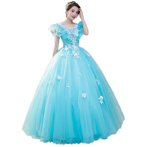 Ice Blue Ball Gown Sweetheart Neckline Chiffon Prom Dress Floral Print Empire Waistline Women's Evening Gown - Product Image 5