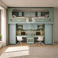 Lit superposé pour étudiants avec bureau à tiroirs et bibliothèque, en bois et tubes en acier, idéal pour appartement ou hôtel