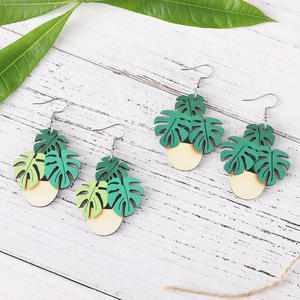 Boucles d'oreilles en bois Vintage Leaf Potted Pendant Boucles d'oreilles double face pour femmes Uionen 1200 - Product Image 1