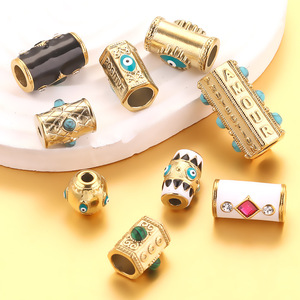 Cuentas espaciadoras grandes de ojo turco de esmalte turquesa con pedrería |   Cuentas de Tubo de Acero Inoxidable con Baño de Oro PVD de 18K para la Creación de Joyería DIY - Product Image 3
