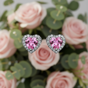 E1492 Orecchini a perno a forma di cuore con cristallo rosa e montatura a griffe, gioielli romantici da donna per l'uso quotidiano - Product Image 2