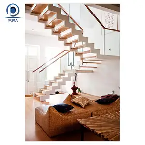 Prima Modern design Interior straight wooden floating stair tread steps and tempered glass railing