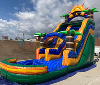 Structure gonflable commerciale pour jardin, avec toboggan aquatique tropical en marbre, château sauteur et piscine intégrée