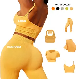 Conjunto deportivo de gimnasio para mujer con logotipo personalizado, ropa deportiva, sujetador, pantalones cortos de yoga, juego de ruedas de 5 piezas, conjunto sin costuras, ropa de yoga - Product Image 1