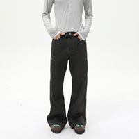 Jean évasé en denim taille mi-haute pour homme |   Style urbain américain, patchwork perlé, gris délavé foncé, tendance décontractée, été vintage