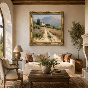Pintura al Óleo de Villa <span class=keywords><strong>Toscana</strong></span>, Paisaje Campestre con Flores Silvestres, Hecha a Mano, Tamaño Personalizado, Lienzo con Marco Dorado, Arte de Pared para Hotel o Resort - Product Image 5