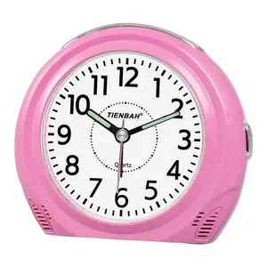 Reloj despertador de movimiento Musical redondo de plástico, rosa, mesa de cuarzo, analógico, silencioso, de escritorio