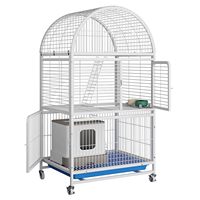 Volière pour chat en fer double couche blanc-vert avec base mobile à roulettes, toit arqué, portes latérales ouvrables, mangeoires, durable, utilisation intérieure/extérieure