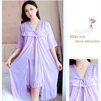 Solide confortable glace-soie Robe ensembles femmes 2 deux pièces chemises de nuit Sexy dentelle femmes été peignoir vêtements de nuit