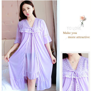 Solido confortevole set di accappatoi in seta di ghiaccio da donna 2 camicie da notte a due pezzi accappatoio estivo da donna in pizzo Sexy - Product Image 6