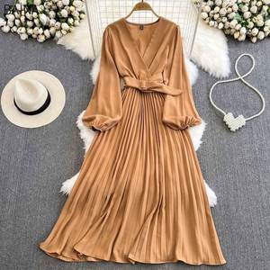 Nuevos Vestidos Elegantes Plisados Retro con Mangas Largas Tipo Linterna, Cintura Alta, Corte en A, Estilo Celebridad, Ropa Versátil para Mujer - Product Image 6