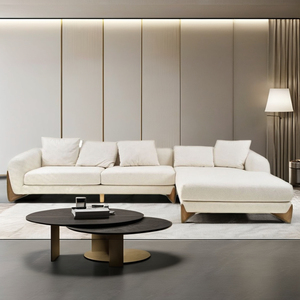 Sofá Esquinero en Forma de L Moderno <span class=keywords><strong>con</strong></span> Tapicería de Tela Crema para Sala de Estar, Sofá <span class=keywords><strong>Cama</strong></span> <span class=keywords><strong>con</strong></span> <span class=keywords><strong>Chaise</strong></span> Longue, Juego de Muebles <span class=keywords><strong>con</strong></span> Patas de Nogal, Sofás Modulares - Product Image 3