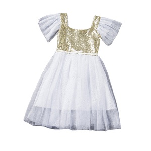 Robe d'été pour bébé fille, style américain, à col halter, en tissu à sequins et dentelle, ornée de fleurs, best-seller - Product Image 1