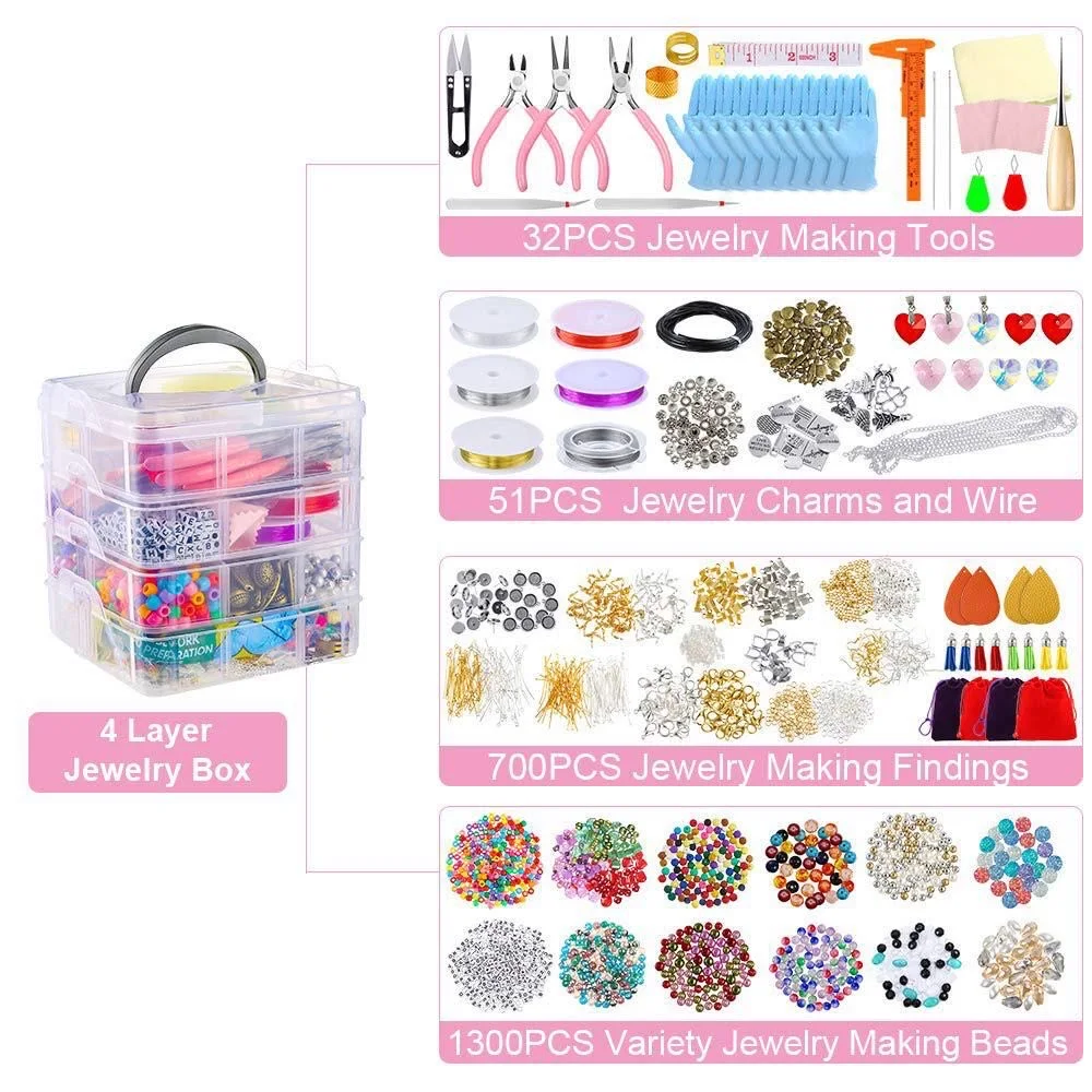 4-layer 2880Pcs Beads Charms Jewelry Findings Beading Wire Jewelry Making Kit Supplies for Bracelets Necklace Earrings