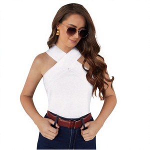 Women's Rib Knit Halter Tank <b>Cross</b> Strap Slim Fit Camisole Solid Color Casual Summer <b>Top</b> - Product Image 3