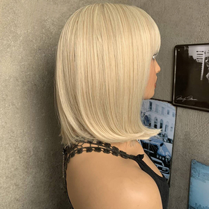 Peluca Bob Larga y Lisa de Color Rubio de Alta Calidad al por Mayor <span class=keywords><strong>para</strong></span> Mujer, Sintética, Resistente al Calor, con Flequillo y Red de Malla Rosa - Product Image 4