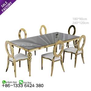 Ensemble de table et de chaises en acier inoxydable, design luxueux, table en verre, chaise à dossier rectangulaire, prix abordable, pour mariage et réception - Product Image 4