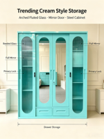 Armoire de chambre à coucher moderne en métal avec portes miroir, étagères et tiroirs
