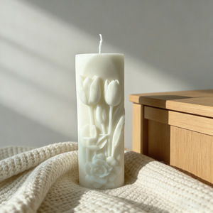 Vela Aromática Cilíndrica con Relieve de Tulipán, Blanca, Decoración para el Hogar, Adorno, Recuerdo de Boda, Regalo - Product Image 3