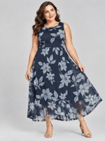 Nouvelle Arrivée 2026 Robe Midi Sans Manches à Imprimé Floral Bleu Marine Grande Taille Col Rond pour Femmes Robe Casual
