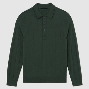 Maglione <span class=keywords><strong>Polo</strong></span> da <span class=keywords><strong>Uomo</strong></span> Contemporaneo in <span class=keywords><strong>Lana</strong></span> Merino Verde Scuro, Senza Tempo, con Maniche Raglan a Costine Larghe e Mezza Abbottonatura - Product Image 3