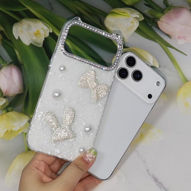 Rhinestone Bunny Bow Shell Texture Phone Case With Pearl Decor for iPhone 11 12 13 16 17 Shockproof Cute Girls' Protective Cover