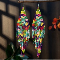 Anting-anting panjang bergaya Bohemian AHAYA dengan manik-manik, bentuk bunga, gaya tribal, rumbai manik-manik, perhiasan pernyataan
