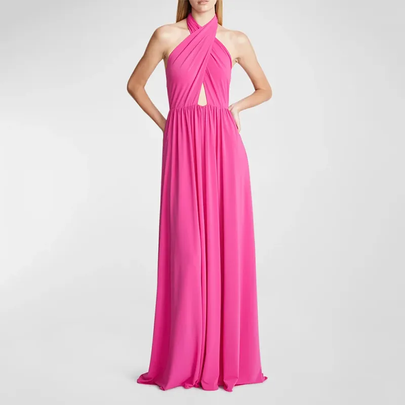 Elegant Crossover Halter Neck Gown Backless Sleeveless A-line Maxi Dress Self-tie Jersey Bandage Bridesmaid Dress