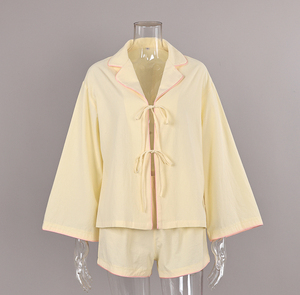 QINSI Nuova Collezione Primavera: Completo Loungewear in Tinta Unita, Cardigan a Maniche Lunghe e Pantaloncini, <span class=keywords><strong>Pigiama</strong></span> per <span class=keywords><strong>Donna</strong></span> <span class=keywords><strong>100</strong></span>% <span class=keywords><strong>Cotone</strong></span> - Product Image 4
