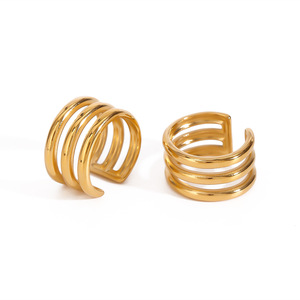 ต่างหูแบบหนีบ รูปทรงเรขาคณิต โลหะผสมสังกะสี ชุบทอง สามชั้น แบบกลวง เครื่องประดับแฟชั่นสำหรับผู้หญิง - Product Image 4