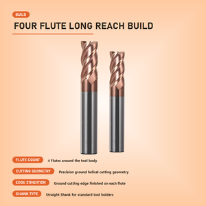 Fraise à queue CNC pour acier au carbone, extra longue, à queue droite, en carbure de tungstène, à quatre dents, revêtement APSCT, ODM/OEM - Product Image 1