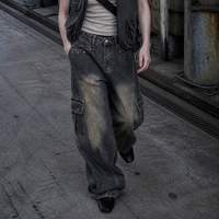 Jeans Cargo da Donna in Denim Pesante Tinto Effetto Fango, Estetici Grigio Antracite a Gamba Larga con Multi-Tasche