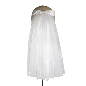 Velo da sposa con perla corta con fiocco bianco retrò a doppio strato, un popolare copricapo per la registrazione del matrimonio e il matrimonio - Product Image 5