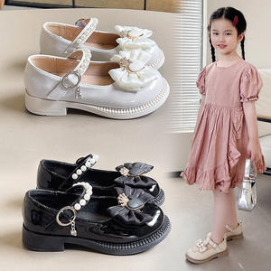 Chaussures de princesse pour filles printemps-automne 2025, chaussures en cuir noir/blanc cassé, respirantes, basses, semelle en caoutchouc, chaussure unique, nœud - Product Image 5