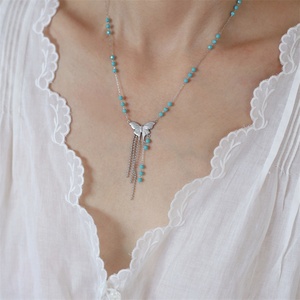 Vintage Jewelry Necklace Stainless Steel <b>Blue</b> <b>Beads</b> Link Chain butterfly Charm Tassel Necklace - Product Image 3