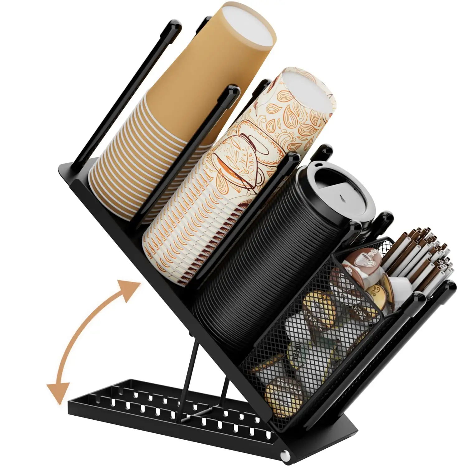 Soporte organizador de tazas y tapas de Metal, soporte para tazas de café para escritorio, dispensador de tazas de 4 compartimentos, soporte de paja, almacenamiento
