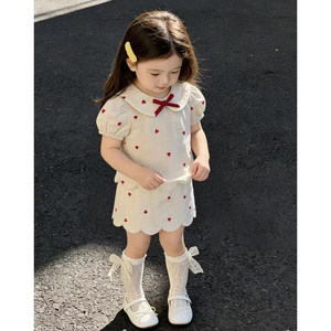 Girls Embroidered Heart Two Piece Set Cotton Dress With Peter Pan Collar Summer Outfit For Kids - Product Image 2