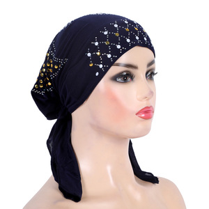 Gorros Turbantes de Lentejuelas Sólidas Elásticos y Suaves al por Mayor para Mujeres Árabes Musulmanas, Gorros con Pedrería para Mujer - Product Image 6