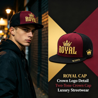 Casquette Snapback Classique 6 Panneaux Large Luxe Bicolore Bordeaux et Noir avec Broderie 3D Couronne Royale Dorée pour Street Hip Hop