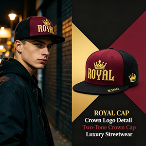 Casquette Snapback Classique 6 Panneaux Large Luxe Bicolore Bordeaux et Noir avec Broderie 3D Couronne Royale Dorée pour Street Hip Hop - Product Image 1