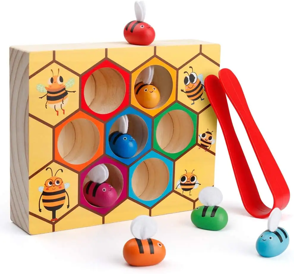 Mainan Edukasi Puzzle Anak, Mainan Kemampuan Motor Halus, Penjepit Lebah untuk Sarang Permainan Yang Cocok, Warna Kayu, Memilah, Puzzle, Mainan Pendidikan