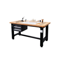 Banc de travail moderne en acier robuste avec plateau en bois et 2 tiroirs à fermeture amortie pour usage scolaire, hôtelier, extérieur, atelier et menuiserie
